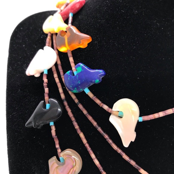 Sterling Native Zuni Hand Carved Stone Heishi Fetish Bear Double Strand Necklace - Picture 3 of 15
